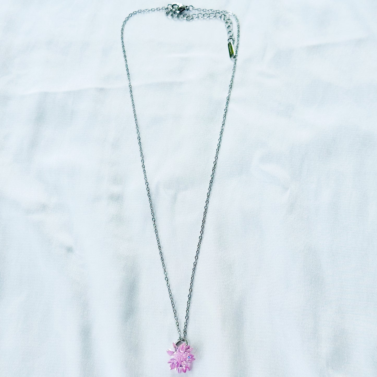Pink Crystal Flower Design Silver Plated Stainless Steel Necklace