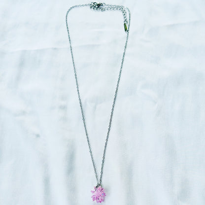 Pink Crystal Flower Design Silver Plated Stainless Steel Necklace