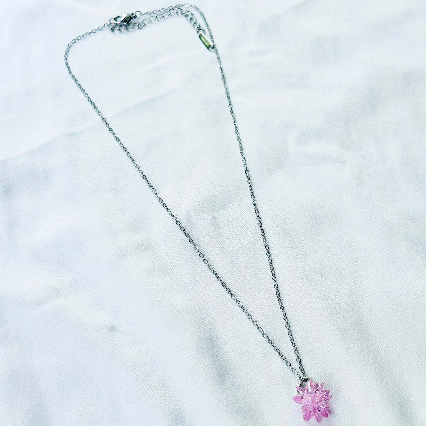 Pink Crystal Flower Design Silver Plated Stainless Steel Necklace