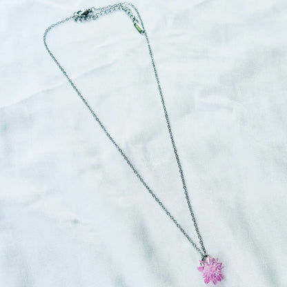 Pink Crystal Flower Design Silver Plated Stainless Steel Necklace