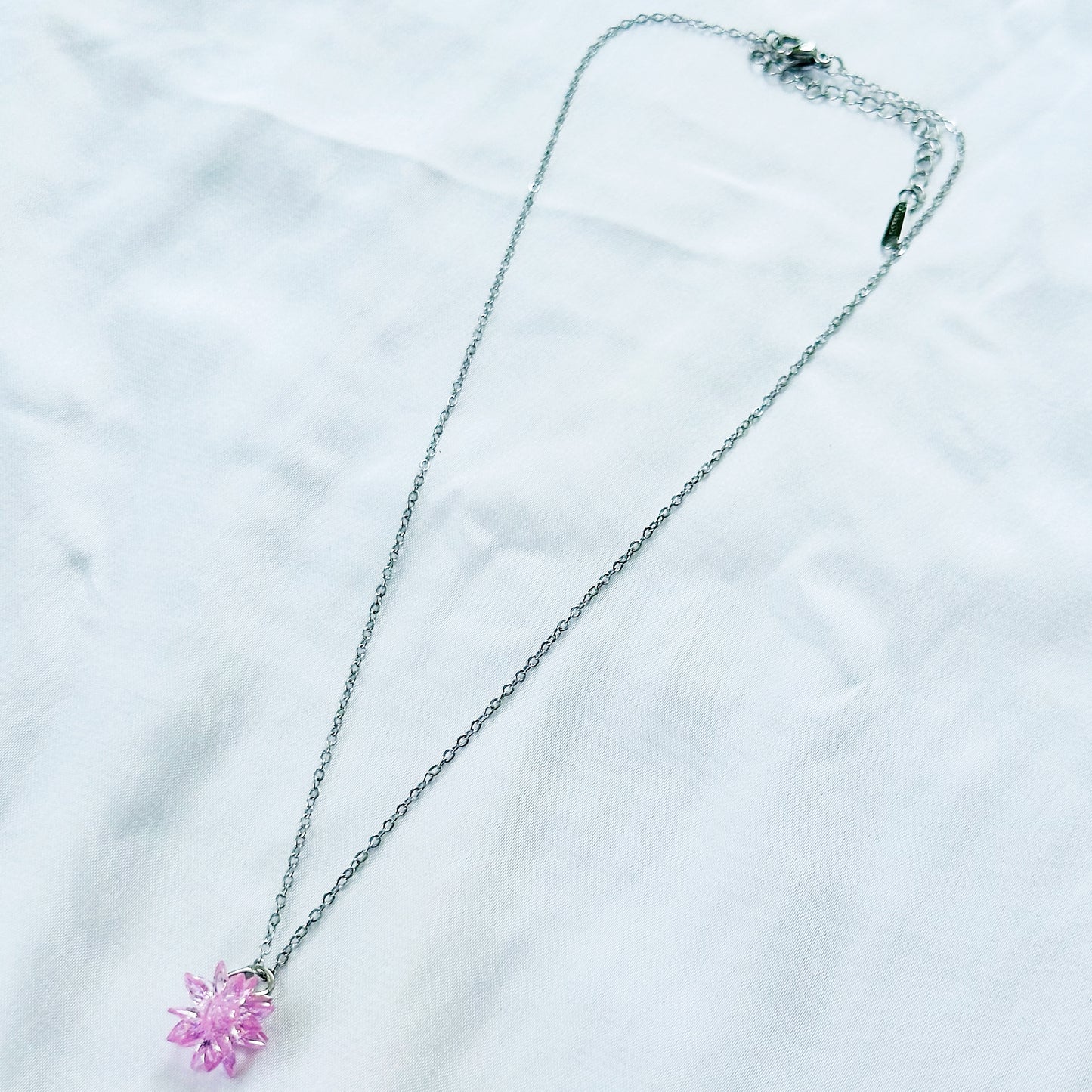 Pink Crystal Flower Design Silver Plated Stainless Steel Necklace