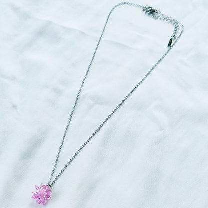 Pink Crystal Flower Design Silver Plated Stainless Steel Necklace