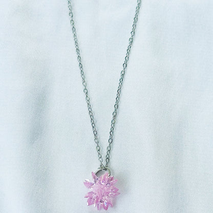 Pink Crystal Flower Design Silver Plated Stainless Steel Necklace