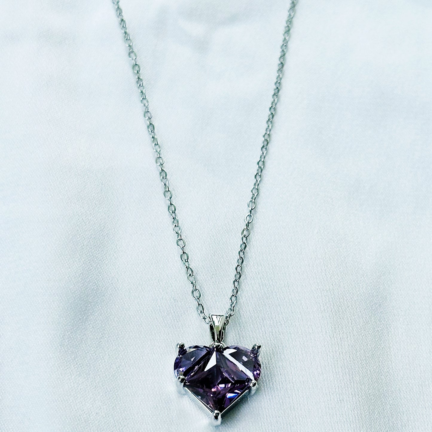 Purple Amethyst Cubic Zirconia American Diamond Silver Plated Stainless Steel Necklace