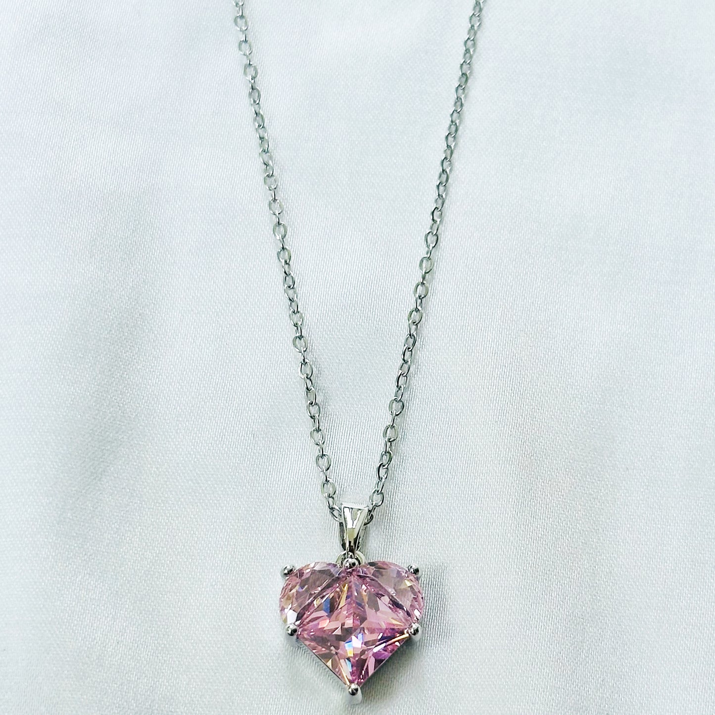Pink Topaz Cubic Zirconia American Diamond Silver Plated Stainless Steel Necklace