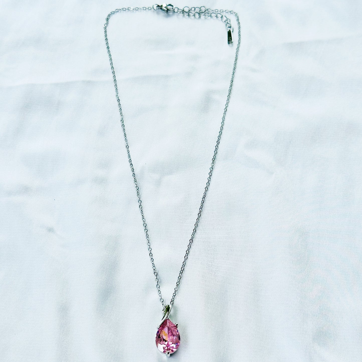 Pink Topaz Cubic Zirconia American Diamond Silver Plated Stainless Steel Necklace