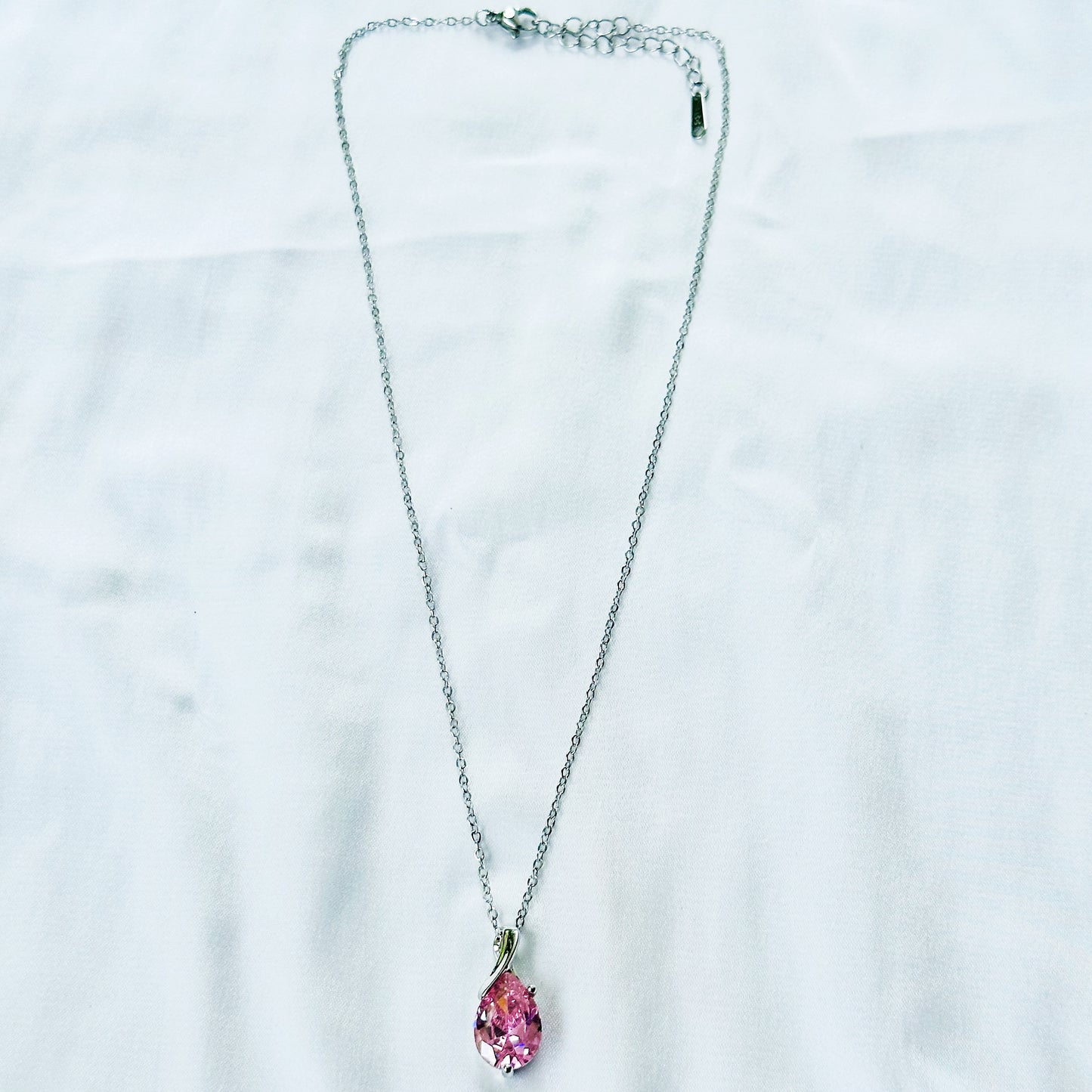 Pink Topaz Cubic Zirconia American Diamond Silver Plated Stainless Steel Necklace