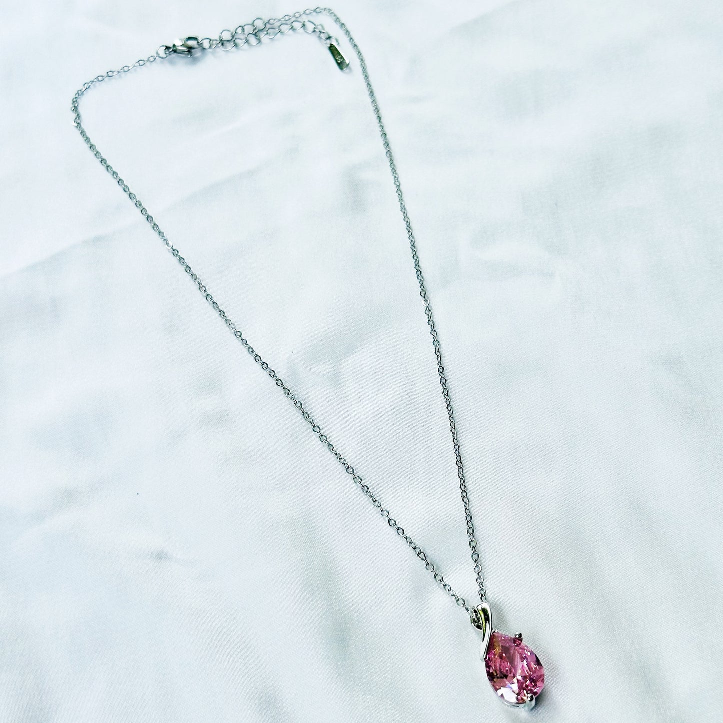 Pink Topaz Cubic Zirconia American Diamond Silver Plated Stainless Steel Necklace