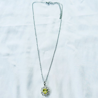 Olive Green Cubic Zirconia American Diamond Silver Plated Stainless Steel Necklace