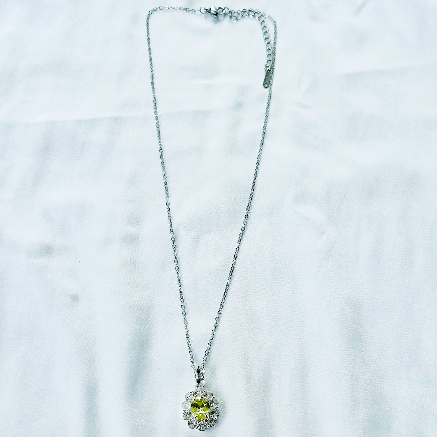 Olive Green Cubic Zirconia American Diamond Silver Plated Stainless Steel Necklace
