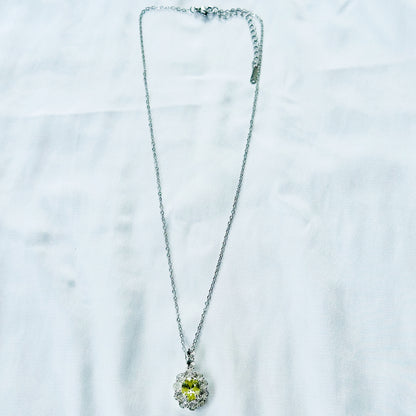 Olive Green Cubic Zirconia American Diamond Silver Plated Stainless Steel Necklace