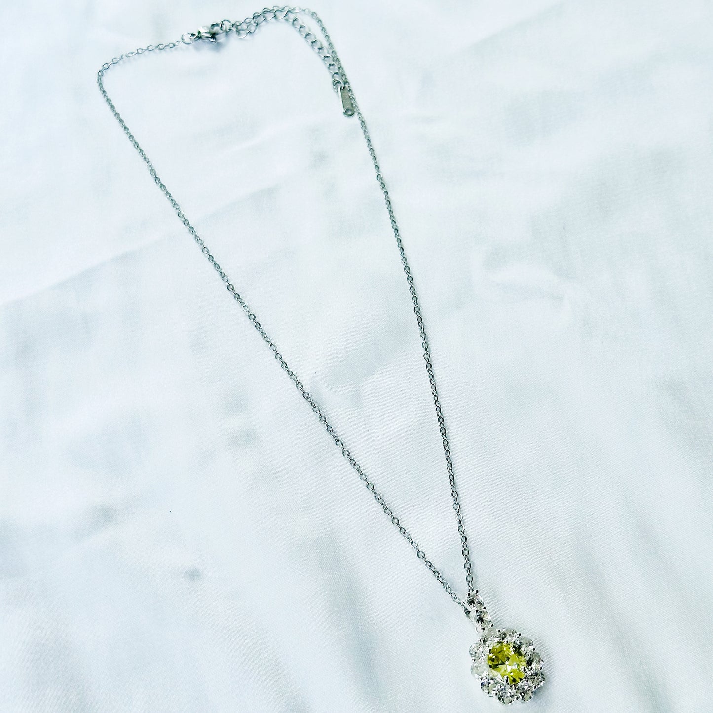 Olive Green Cubic Zirconia American Diamond Silver Plated Stainless Steel Necklace