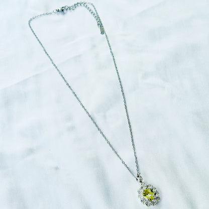 Olive Green Cubic Zirconia American Diamond Silver Plated Stainless Steel Necklace