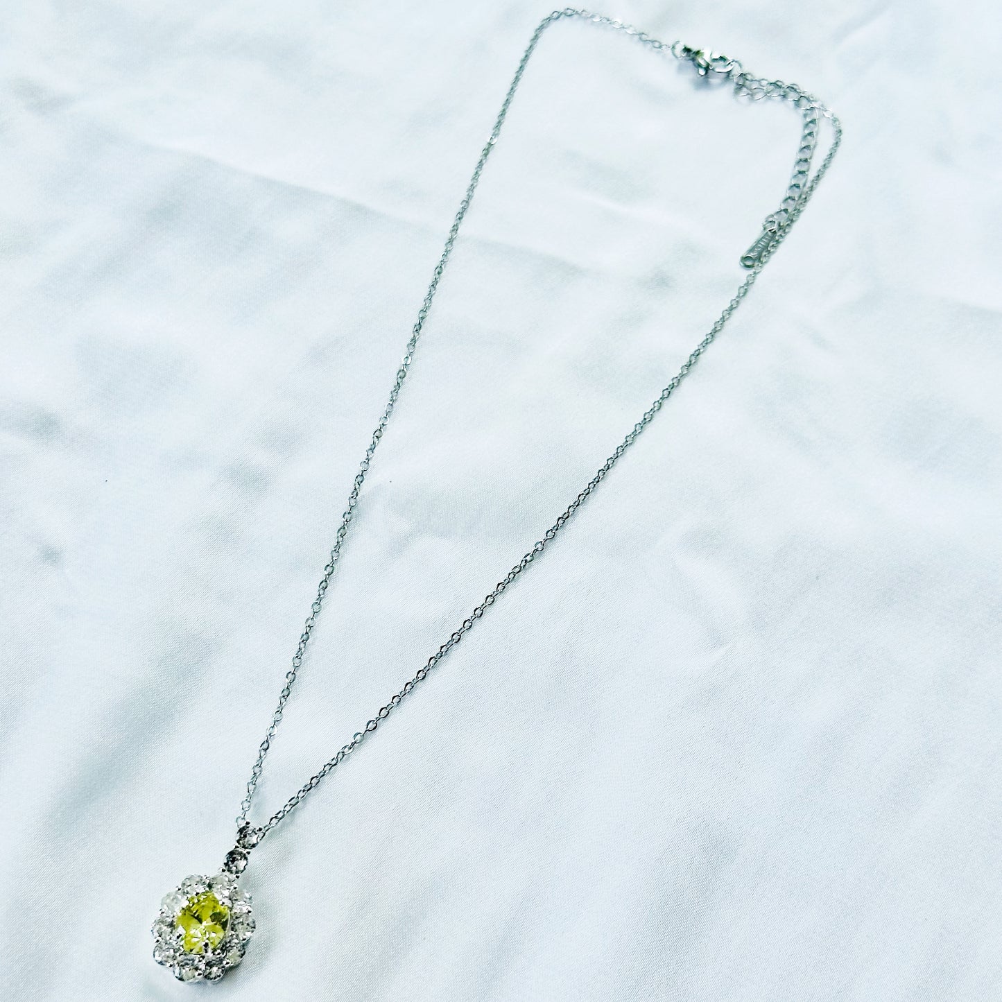 Olive Green Cubic Zirconia American Diamond Silver Plated Stainless Steel Necklace