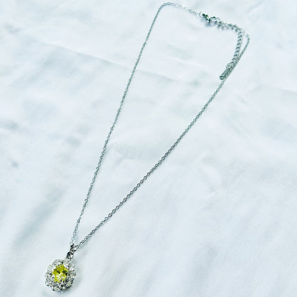 Olive Green Cubic Zirconia American Diamond Silver Plated Stainless Steel Necklace