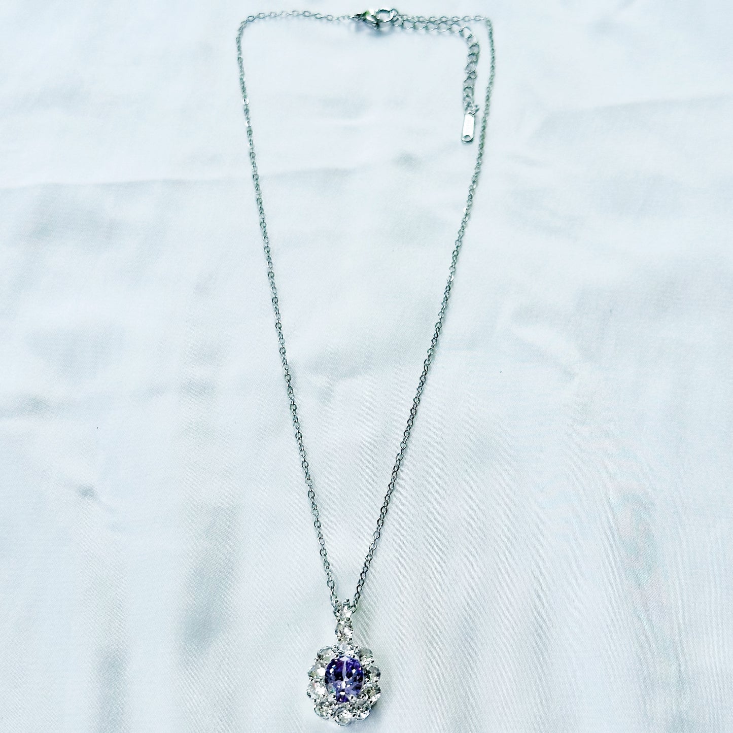 Light Purple Amethyst Cubic Zirconia American Diamond Silver Plated Stainless Steel Necklace