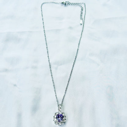 Light Purple Amethyst Cubic Zirconia American Diamond Silver Plated Stainless Steel Necklace