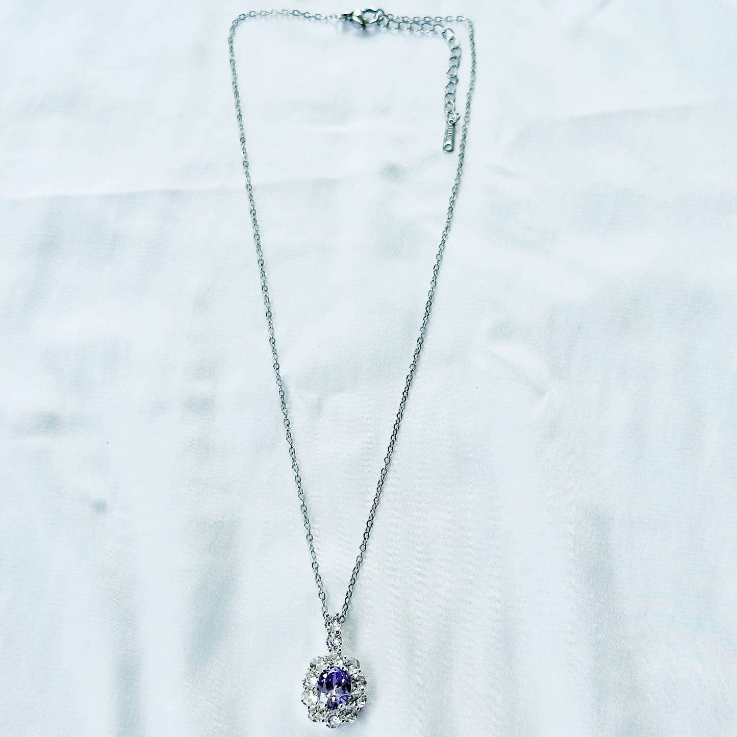 Light Purple Amethyst Cubic Zirconia American Diamond Silver Plated Stainless Steel Necklace