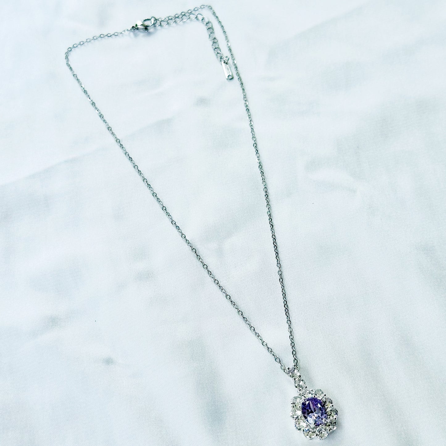 Light Purple Amethyst Cubic Zirconia American Diamond Silver Plated Stainless Steel Necklace
