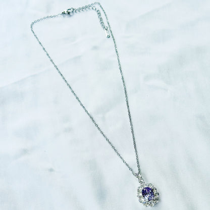 Light Purple Amethyst Cubic Zirconia American Diamond Silver Plated Stainless Steel Necklace