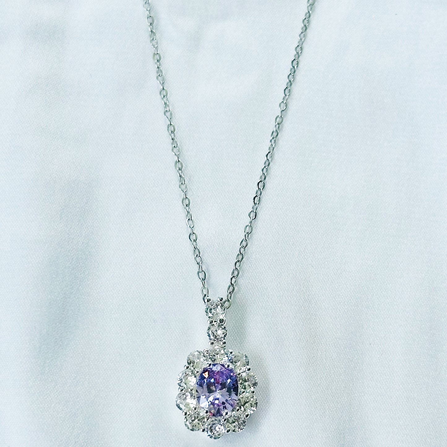 Light Purple Amethyst Cubic Zirconia American Diamond Silver Plated Stainless Steel Necklace