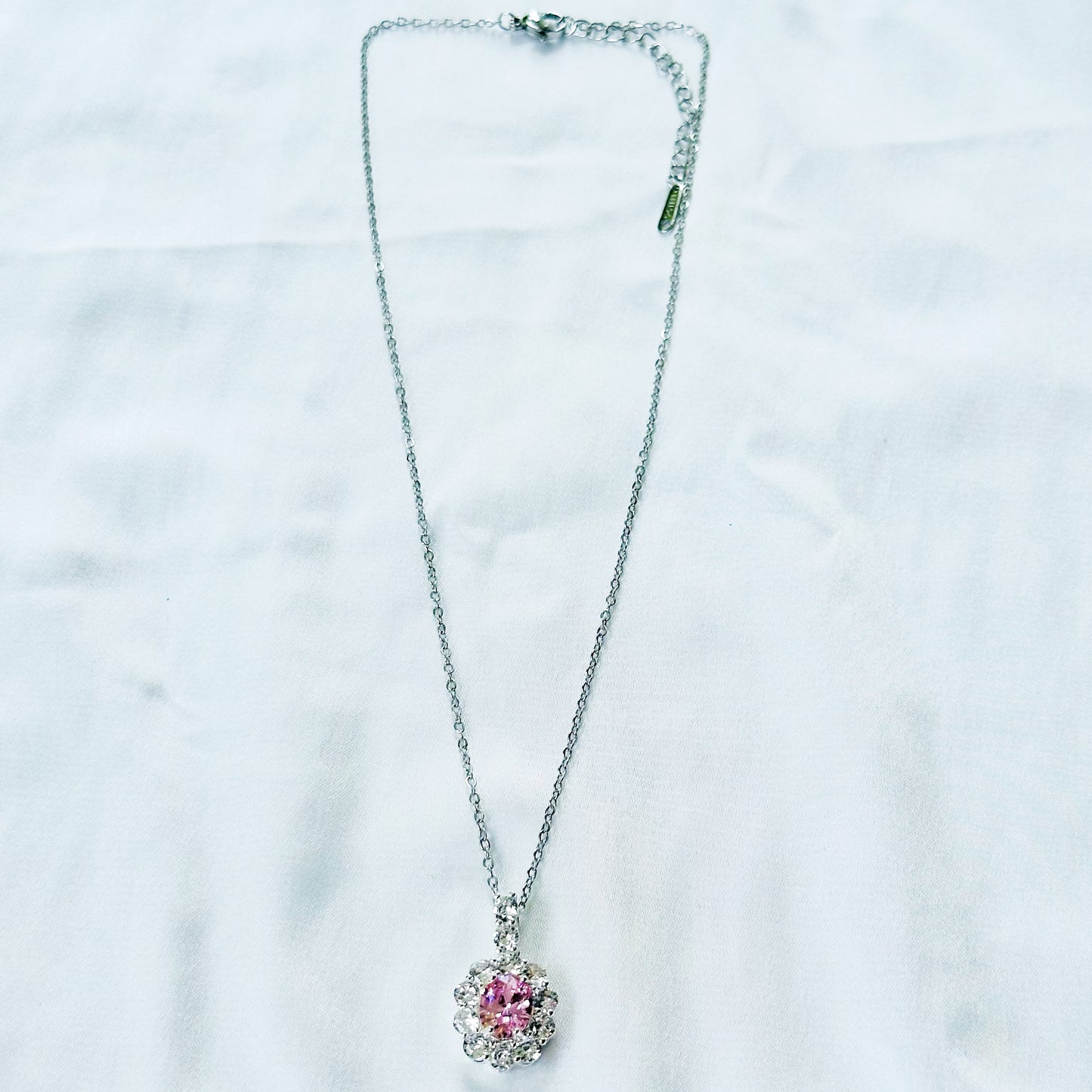 Pink Topaz Cubic Zirconia American Diamond Silver Plated Stainless Steel Necklace
