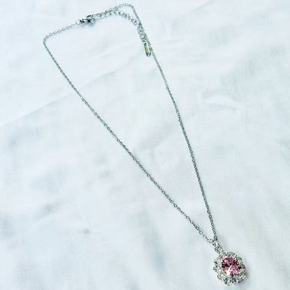 Pink Topaz Cubic Zirconia American Diamond Silver Plated Stainless Steel Necklace