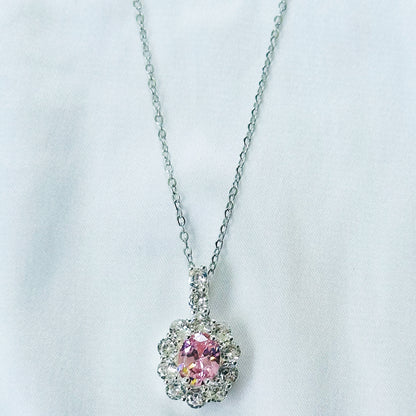Pink Topaz Cubic Zirconia American Diamond Silver Plated Stainless Steel Necklace