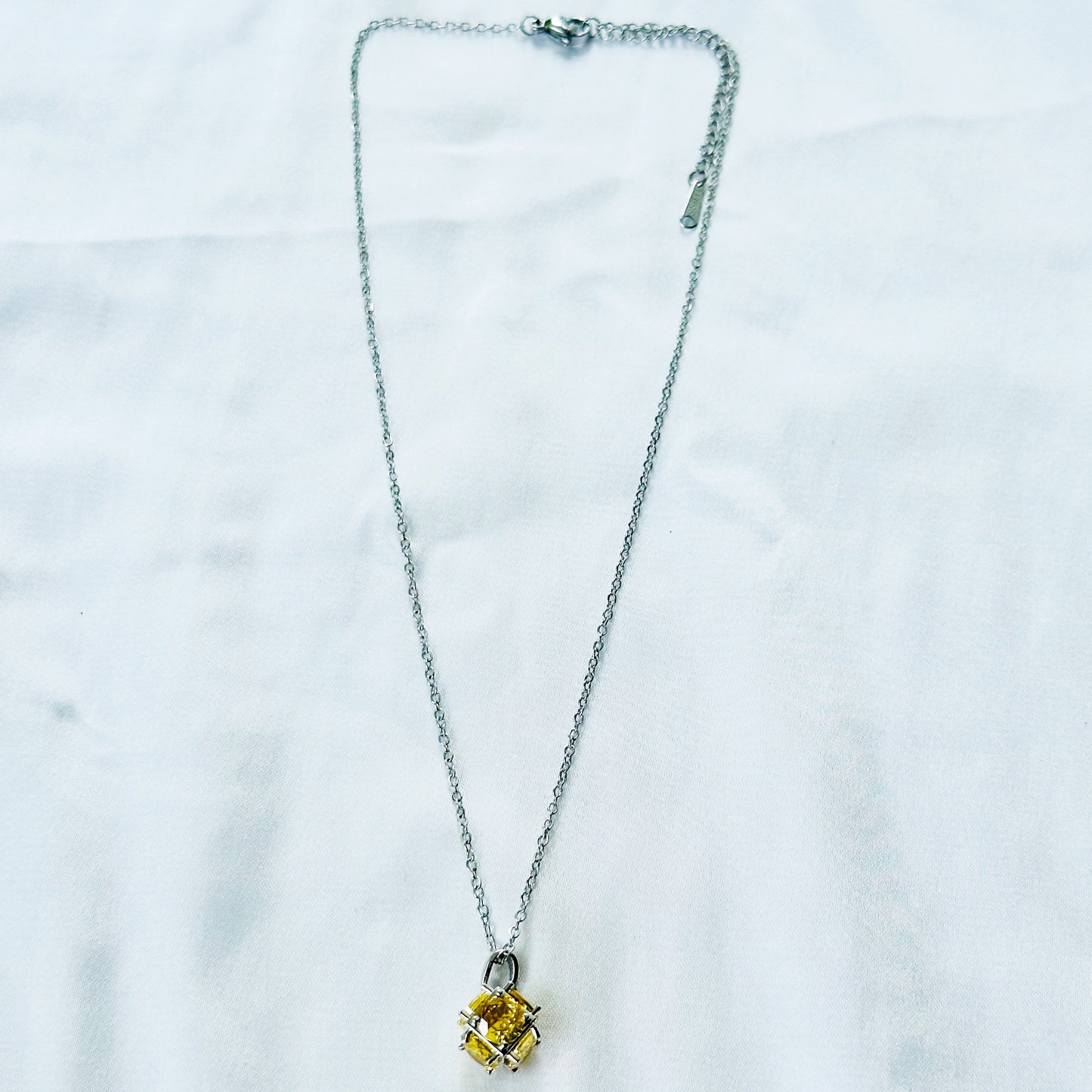 Yellow Topaz Cubic Zirconia American Diamond Silver Plated Stainless Steel Necklace
