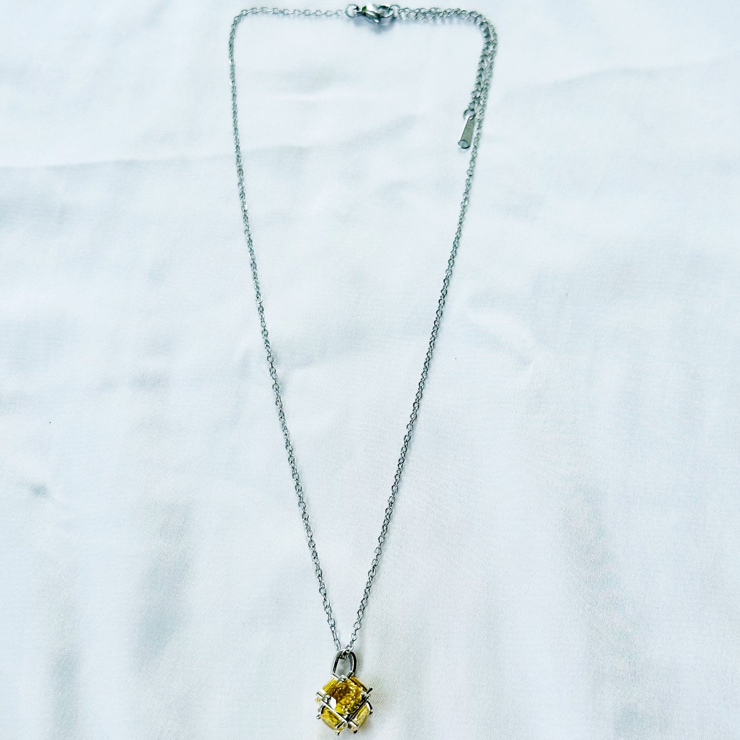 Yellow Topaz Cubic Zirconia American Diamond Silver Plated Stainless Steel Necklace