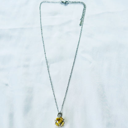 Yellow Topaz Cubic Zirconia American Diamond Silver Plated Stainless Steel Necklace