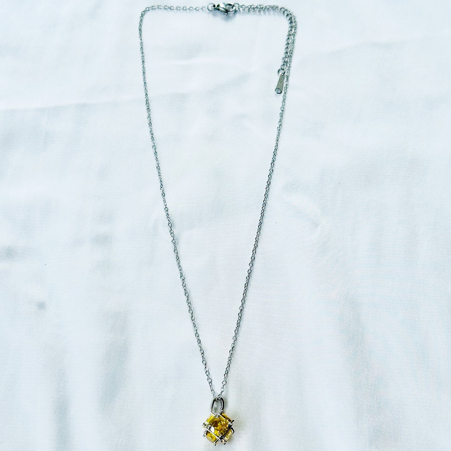 Yellow Topaz Cubic Zirconia American Diamond Silver Plated Stainless Steel Necklace