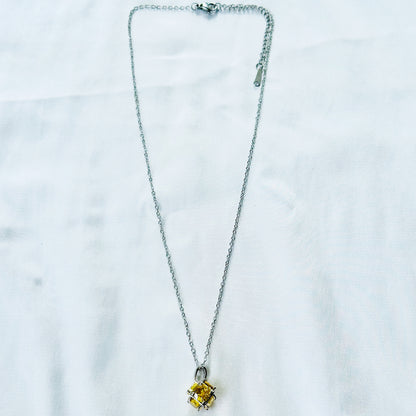 Yellow Topaz Cubic Zirconia American Diamond Silver Plated Stainless Steel Necklace