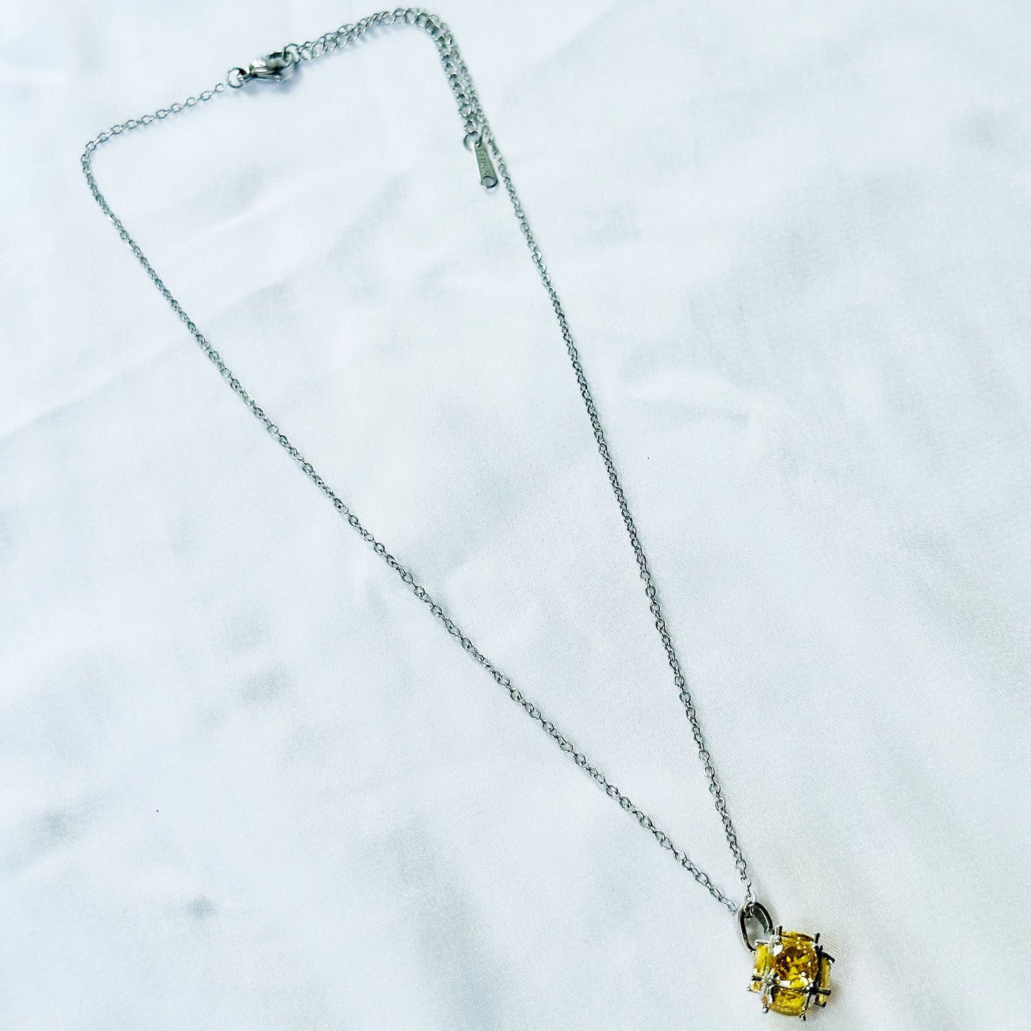 Yellow Topaz Cubic Zirconia American Diamond Silver Plated Stainless Steel Necklace
