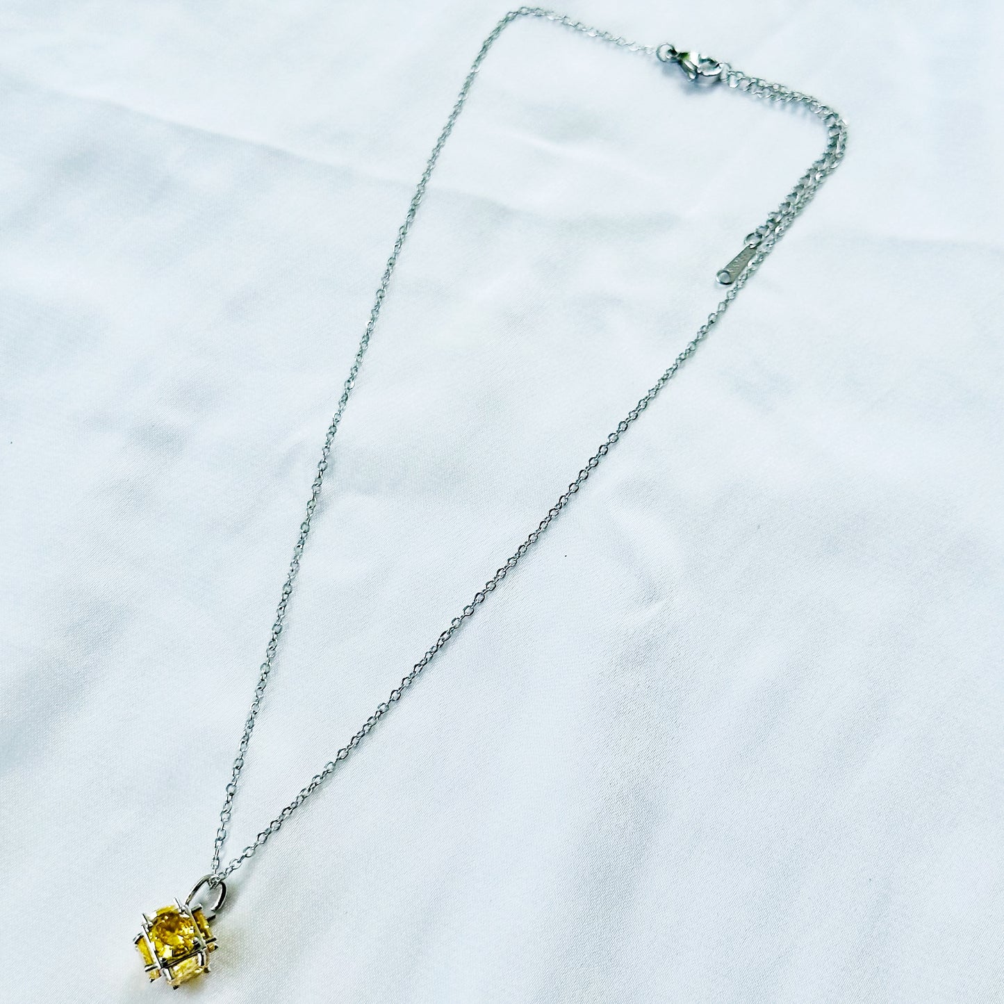 Yellow Topaz Cubic Zirconia American Diamond Silver Plated Stainless Steel Necklace