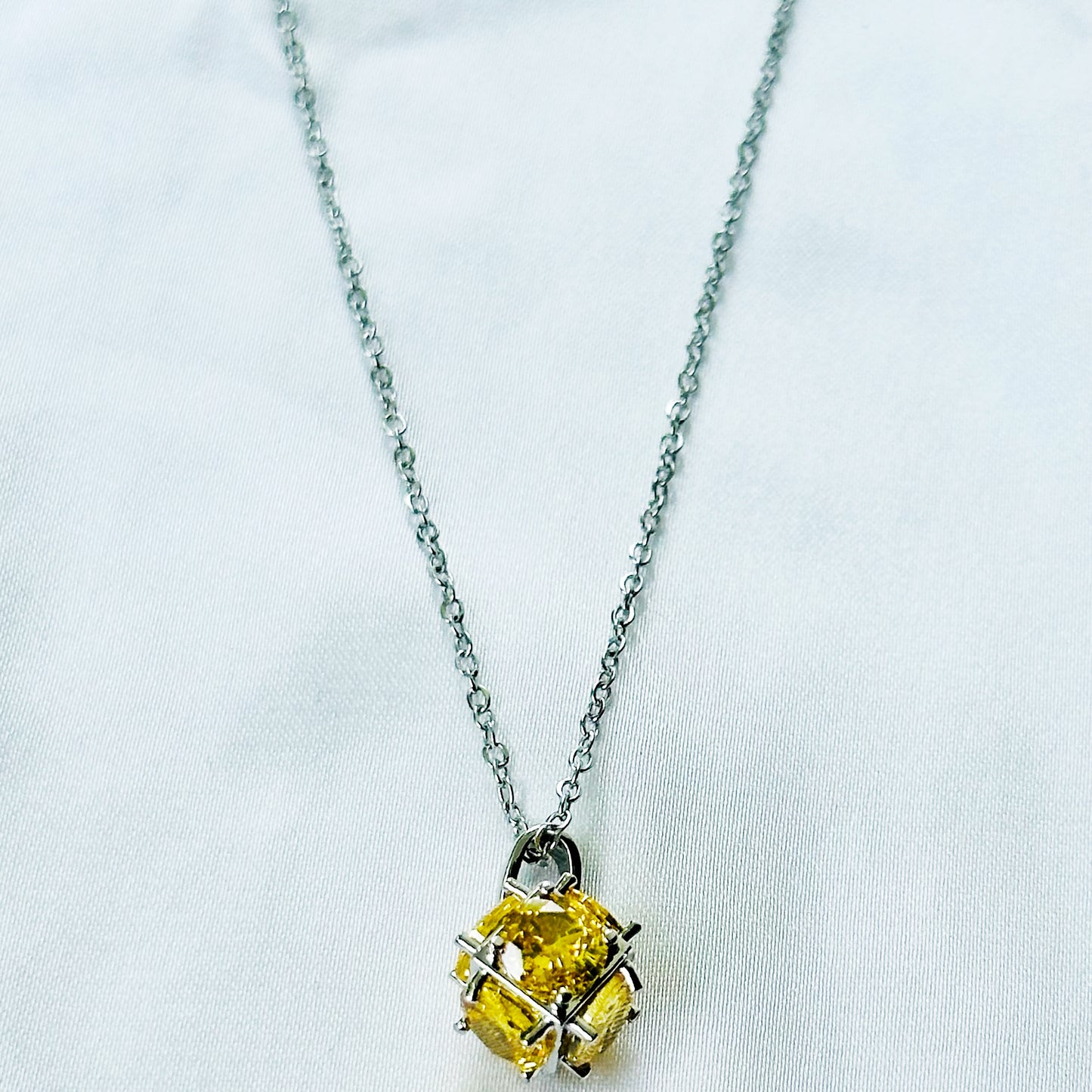 Yellow Topaz Cubic Zirconia American Diamond Silver Plated Stainless Steel Necklace