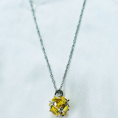 Yellow Topaz Cubic Zirconia American Diamond Silver Plated Stainless Steel Necklace
