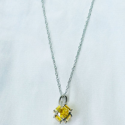 Yellow Topaz Cubic Zirconia American Diamond Silver Plated Stainless Steel Necklace