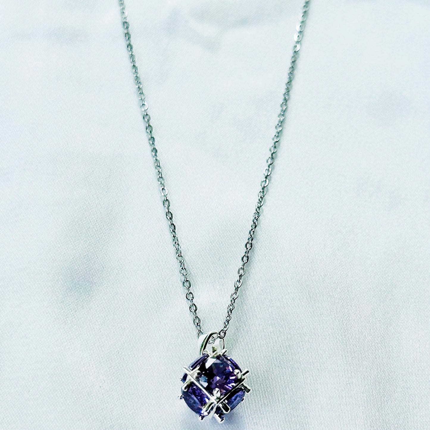 Purple Amethyst Cubic Zirconia American Diamond Silver Plated Stainless Steel Necklace