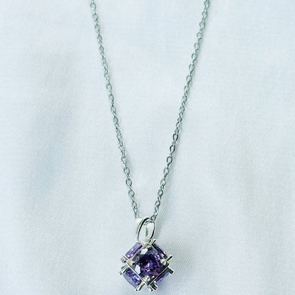 Purple Amethyst Cubic Zirconia American Diamond Silver Plated Stainless Steel Necklace