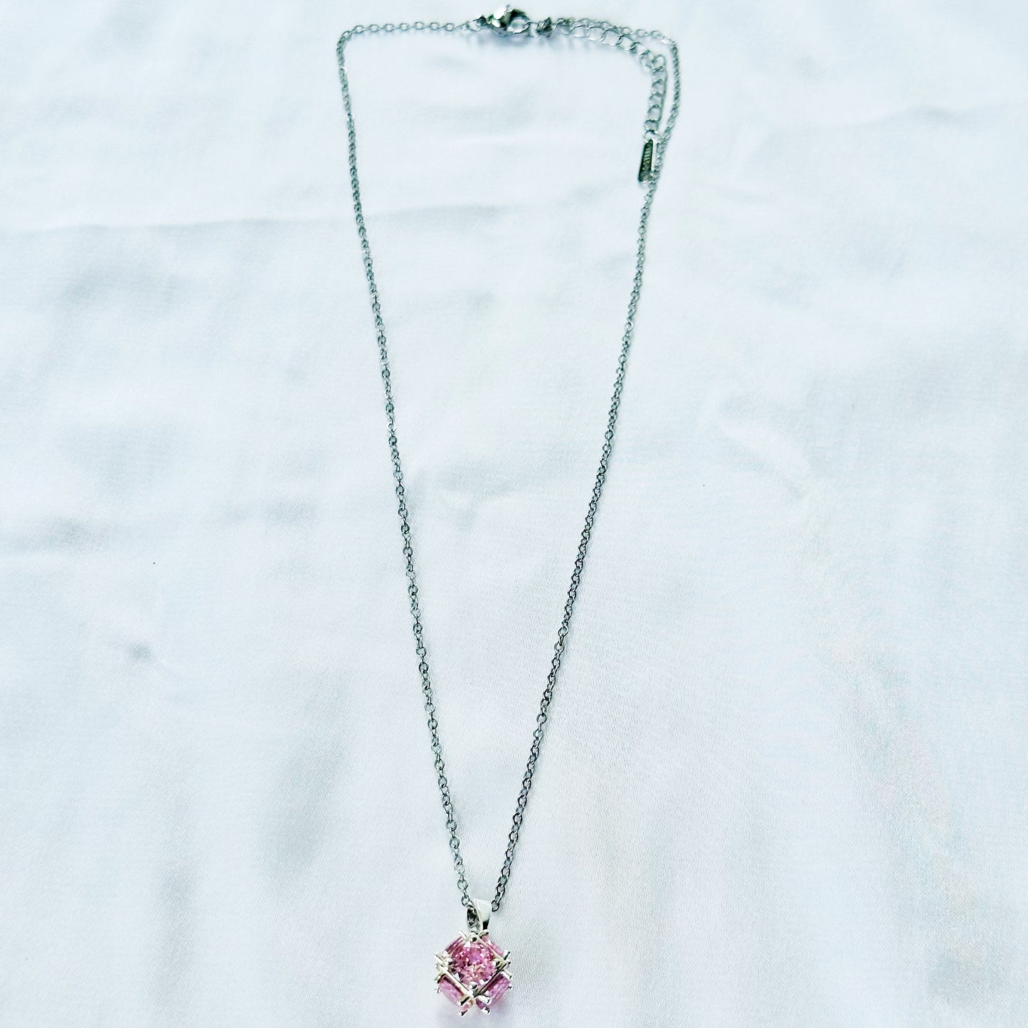 Pink Topaz Cubic Zirconia American Diamond Silver Plated Stainless Steel Necklace