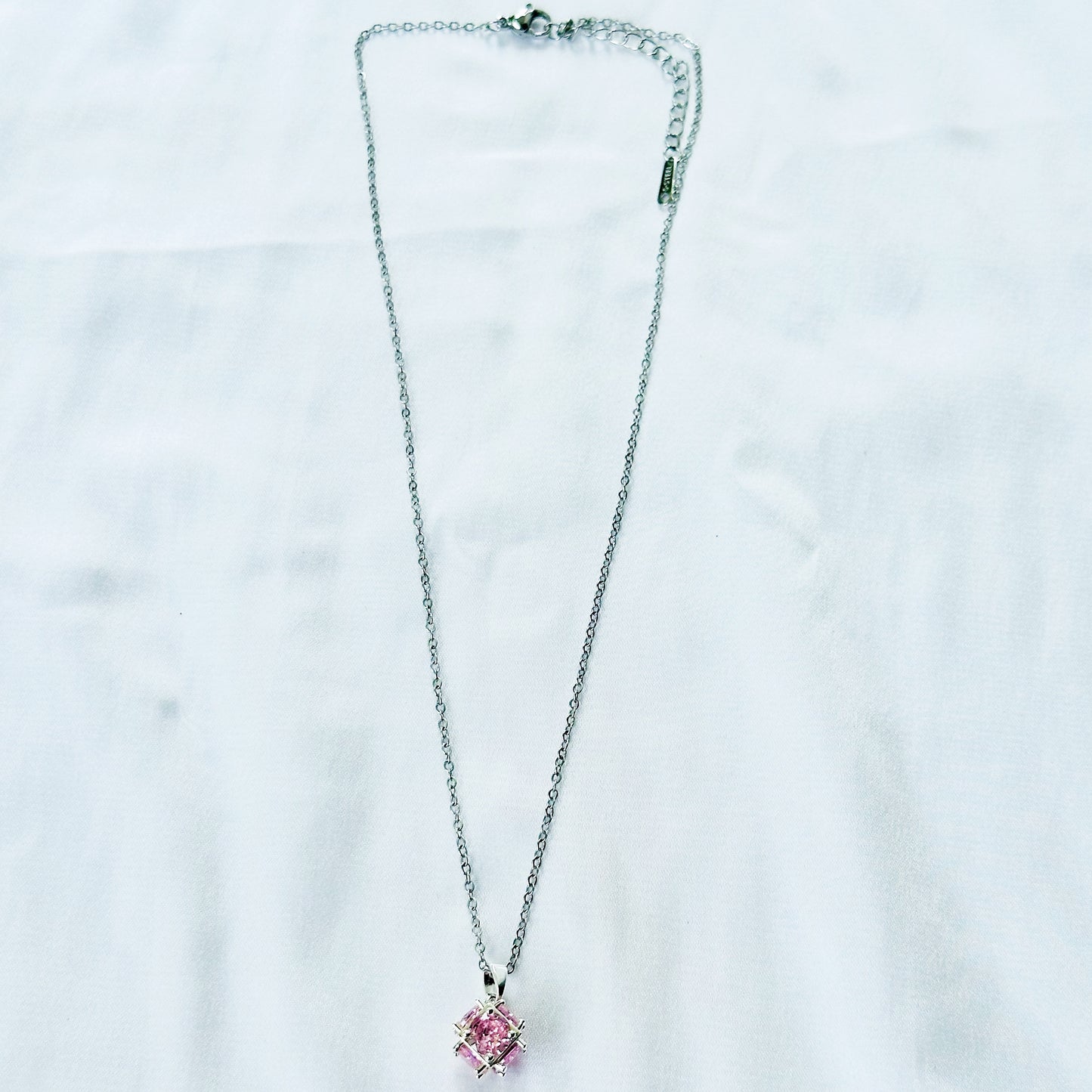 Pink Topaz Cubic Zirconia American Diamond Silver Plated Stainless Steel Necklace
