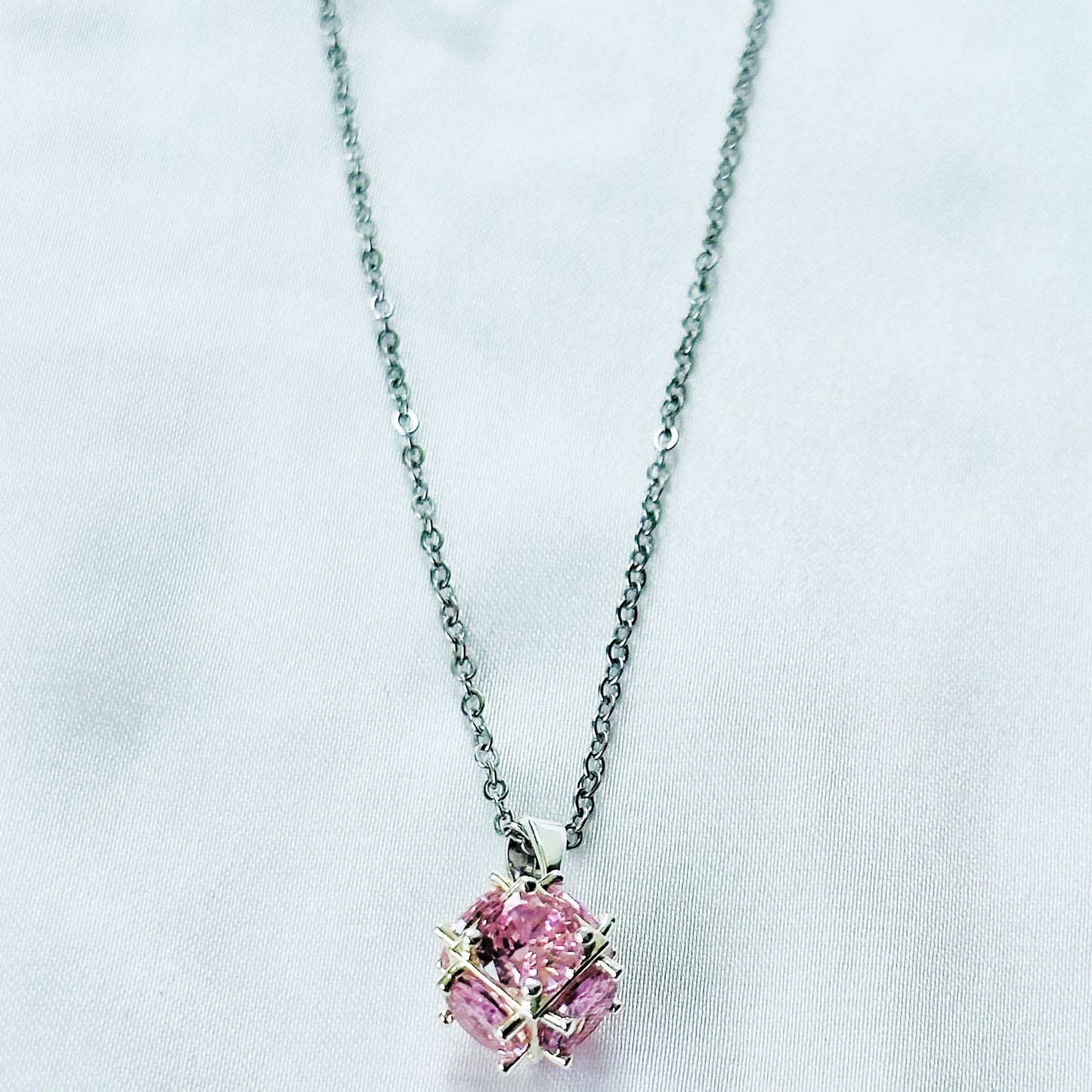 Pink Topaz Cubic Zirconia American Diamond Silver Plated Stainless Steel Necklace