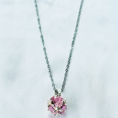 Pink Topaz Cubic Zirconia American Diamond Silver Plated Stainless Steel Necklace