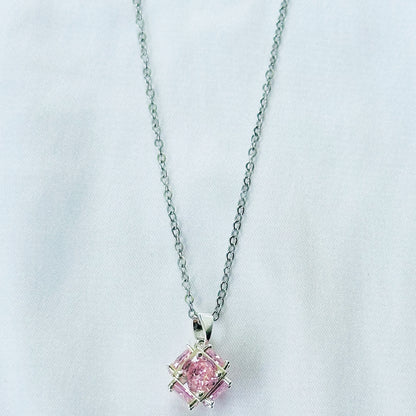 Pink Topaz Cubic Zirconia American Diamond Silver Plated Stainless Steel Necklace
