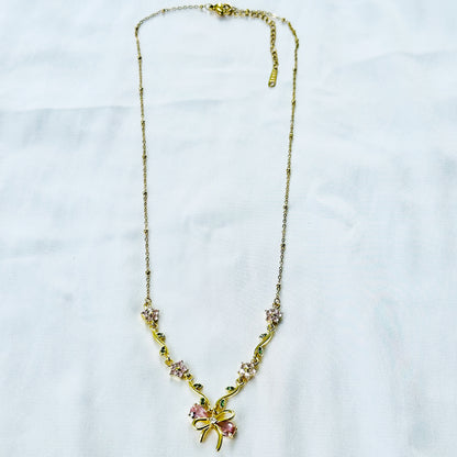 Green Emerald & Pink Topaz Cubic Zirconia Bow Design American Diamond Gold Plated Stainless Steel Necklace