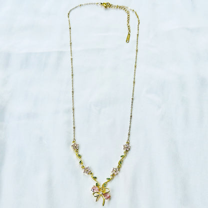 Green Emerald & Pink Topaz Cubic Zirconia Bow Design American Diamond Gold Plated Stainless Steel Necklace