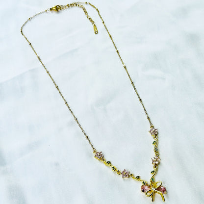 Green Emerald & Pink Topaz Cubic Zirconia Bow Design American Diamond Gold Plated Stainless Steel Necklace