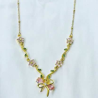 Green Emerald & Pink Topaz Cubic Zirconia Bow Design American Diamond Gold Plated Stainless Steel Necklace