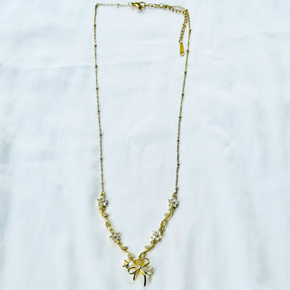 Solitaire Cubic Zirconia Bow Design American Diamond Gold Plated Stainless Steel Necklace